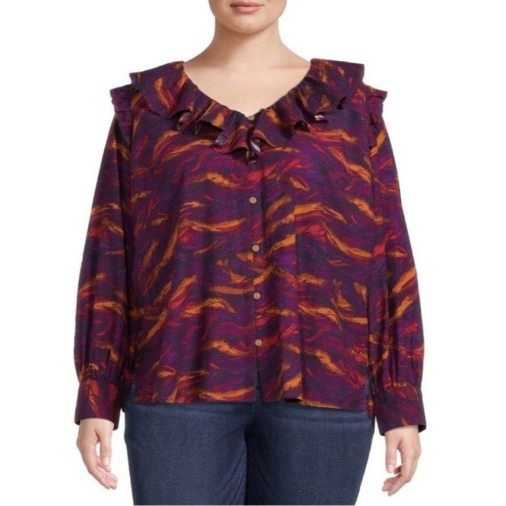 Terra & Sky Women's Plus Size Ruffle collar Long Sleeve Peasant Top size 3XL